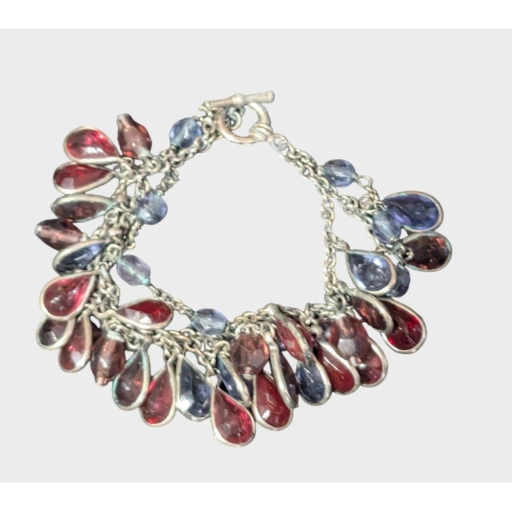 Vintage Dangle Bracelet Burgundy Purple Blue Glass Teardrop Silver Tone 7"
